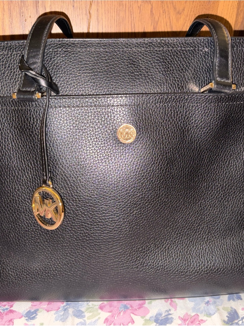 Michael Kors Black Pebbled Leather Tote with Gold MK Charm